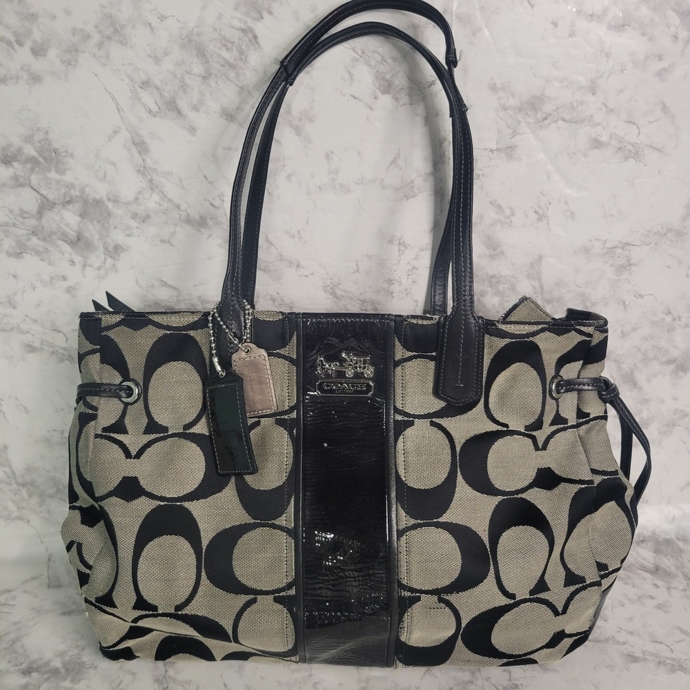 Coach Signature Stripe Black Gray Hobo Shoulder Handbag 2013 Y2K Purse Logo‎